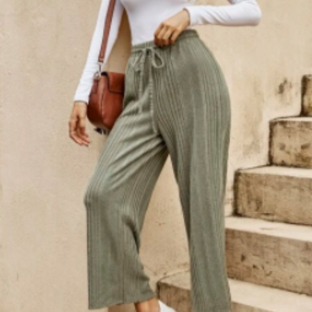 NEW Frenchy Drawstring Waist Wide Leg Olive Green Pants